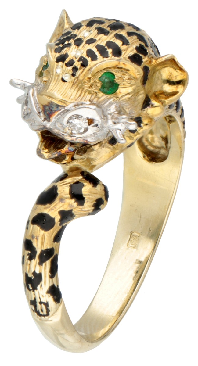 14K geelgouden vriendelijke panter ring met diamant en smaragd.