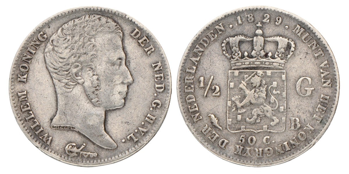 ½ Gulden. Willem I. 1829 B met Michaut op de hals. Zeer Fraai -.