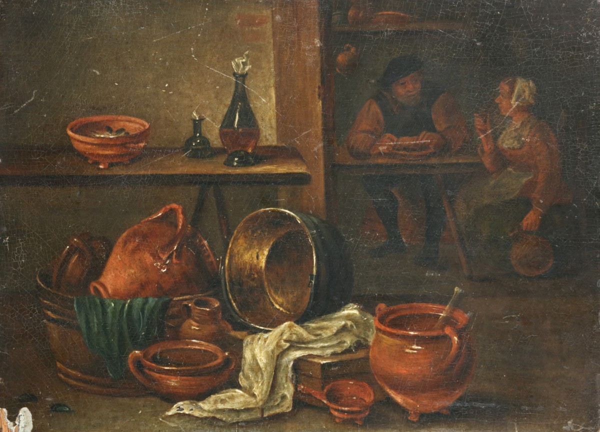 Navolgers David Teniers II, 19e eeuw. Een interieur met figuren aan de maaltijd.