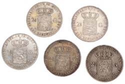 Lot (5) 2½ Gulden. Willem III. 1851 - 1874. Zeer Fraai -.