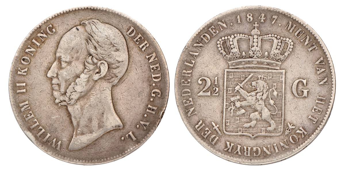 2½ Gulden. Willem II. 1847. Zeer Fraai -.