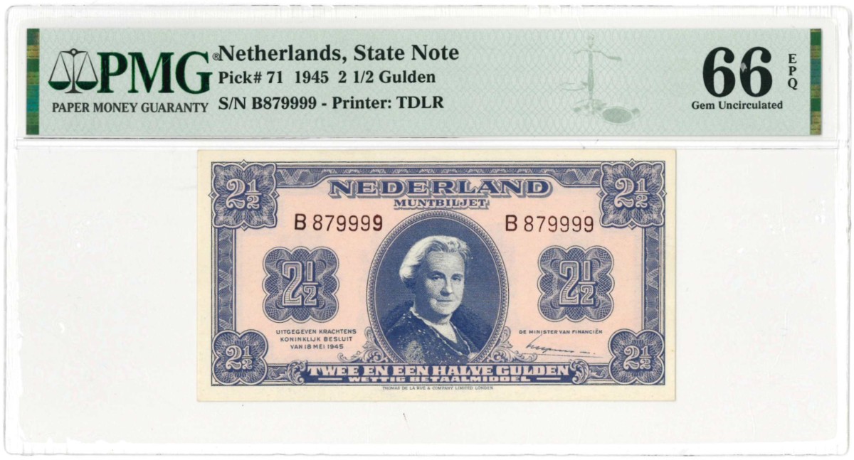 Nederland. 2½ gulden. Muntbiljet. Type 1945. Type Wilhelmina II. - UNC.