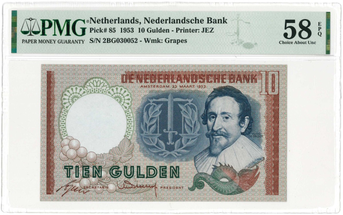 Nederland. 10 gulden . Bankbiljet. Type 1953. Type Hugo de Groot. - Nagenoeg UNC.