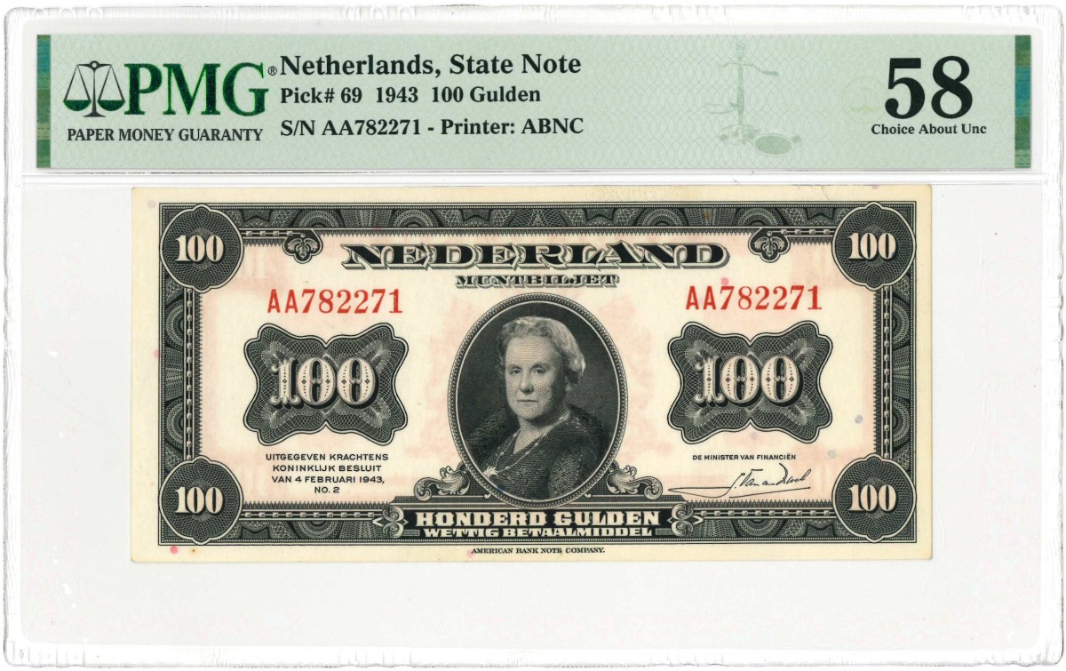 Nederland. 100 gulden. Muntbiljet. Type 1943. Type Wilhelmina I. - Nagenoeg UNC.