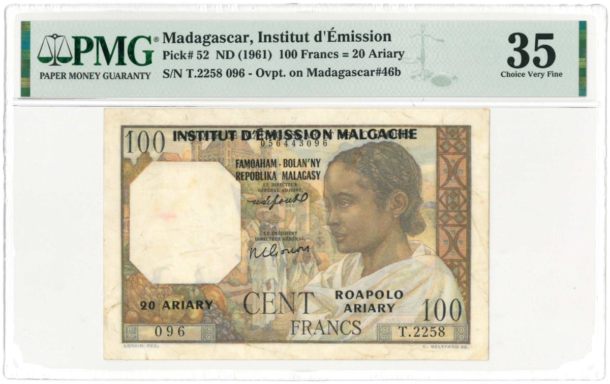 No reserve - Madagascar. 100 francs. Banknote. Type 1961. - Very fine.