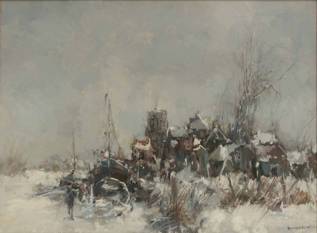 Theo van Oorschot (Schijndel  1910 - 1989 Den Bosch), Een dorp aan een winterse vaart.