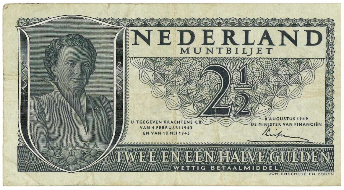 Nederland. 2½ gulden. Muntbiljet. Type 1949. Type Juliana. - Fraai / Zeer Fraai.