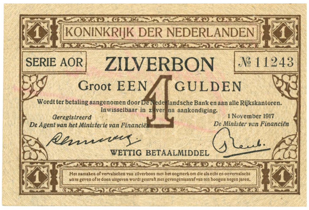 Nederland. 1 gulden . Zilverbon. Type 1917. - Zeer Fraai.