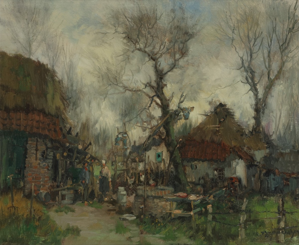 Theo van Oorschot (Schijndel  1910 - 1989 Den Bosch). Boerderijen aan een riviertje.