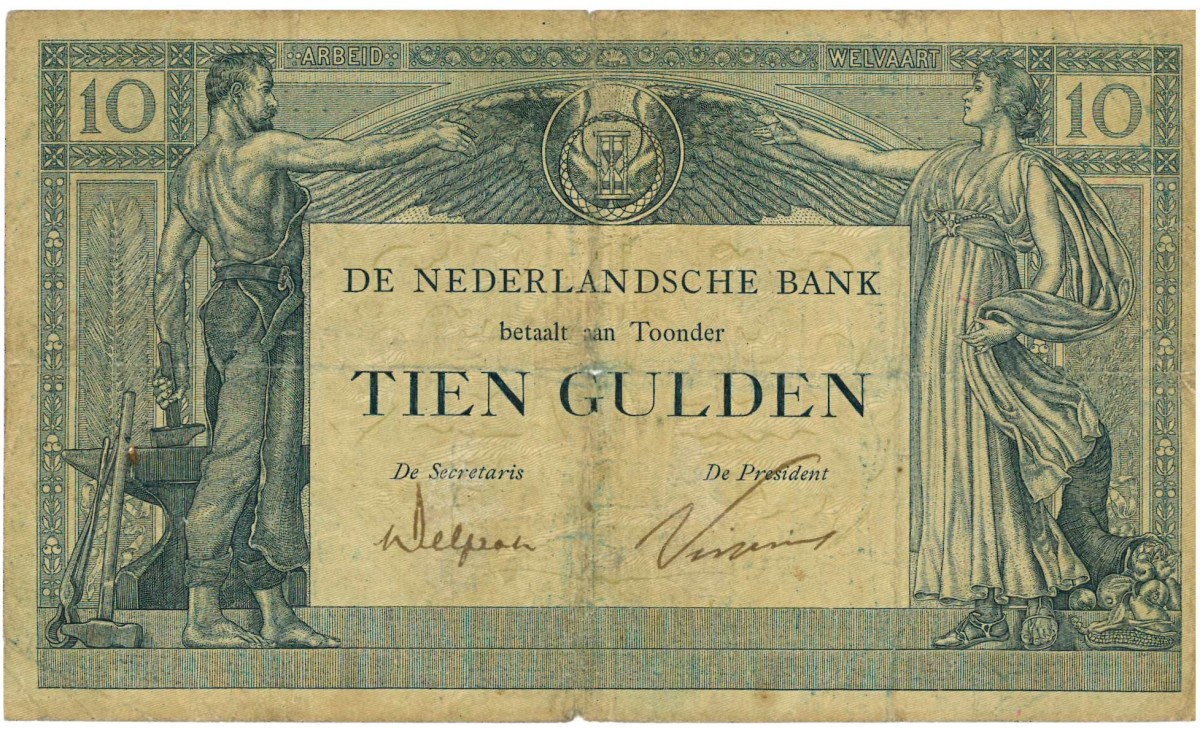 Nederland. 10 gulden . Bankbiljet. Type 1921. Type Arbeid en Welvaart II. - Fraai -.