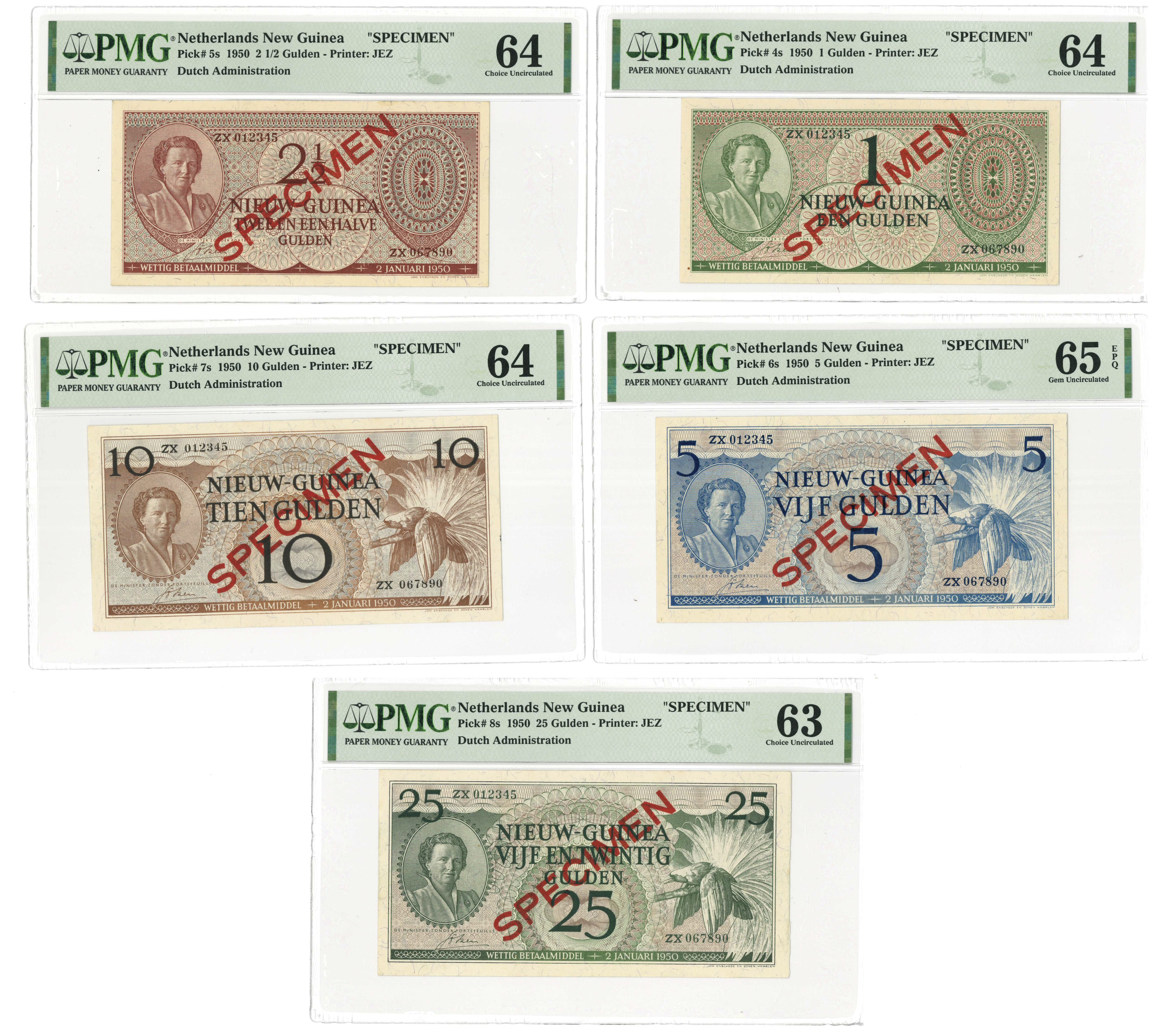 New Guinea. 1/2 1/2/5/10/25 Gulden. Banknote. Type 1950. Type Specimen serie. - UNC.