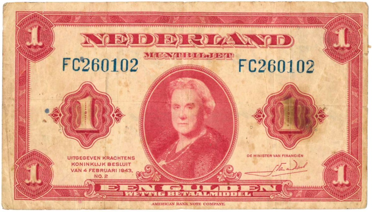 Nederland. 1 gulden. muntbiljet. Type 1943. Type Wilhelmina I. - Fraai -.
