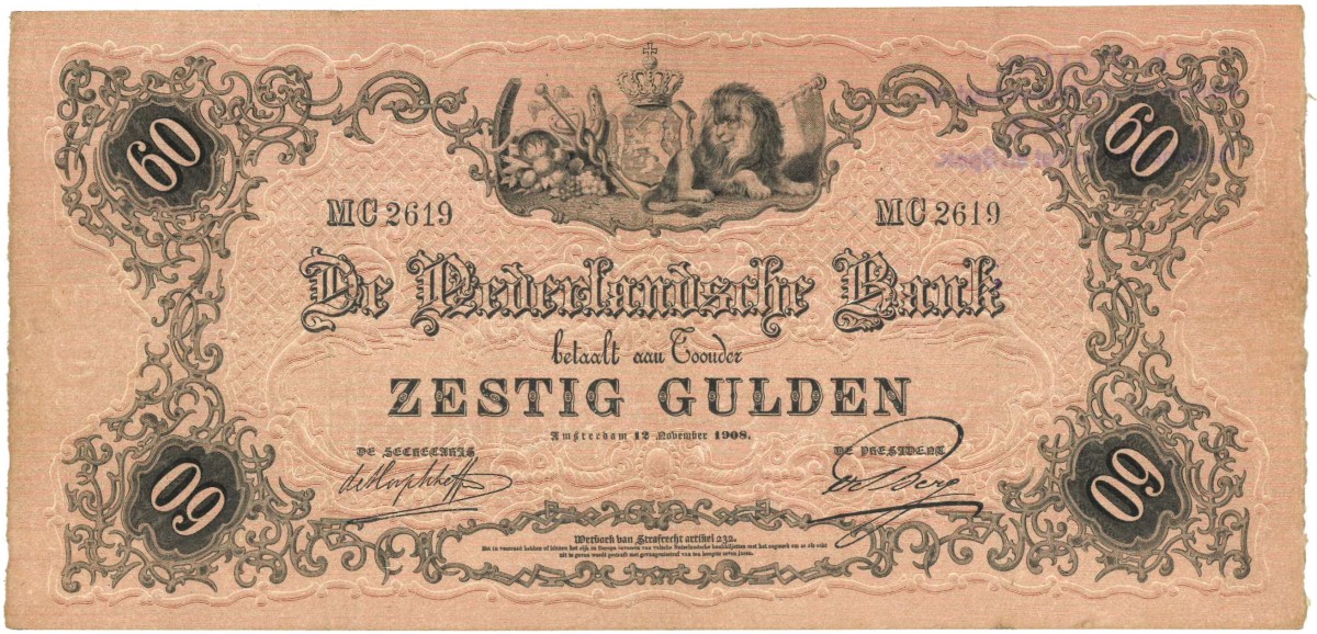 Nederland. 60 gulden. Bankbiljet. Type 1860. - Zeer Fraai +.