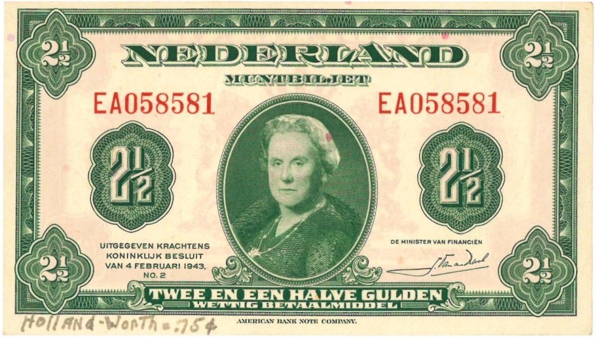 Nederland. 2½ gulden. Muntbiljet. Type 1943. Type Wilhelmina I. - Prachtig -.