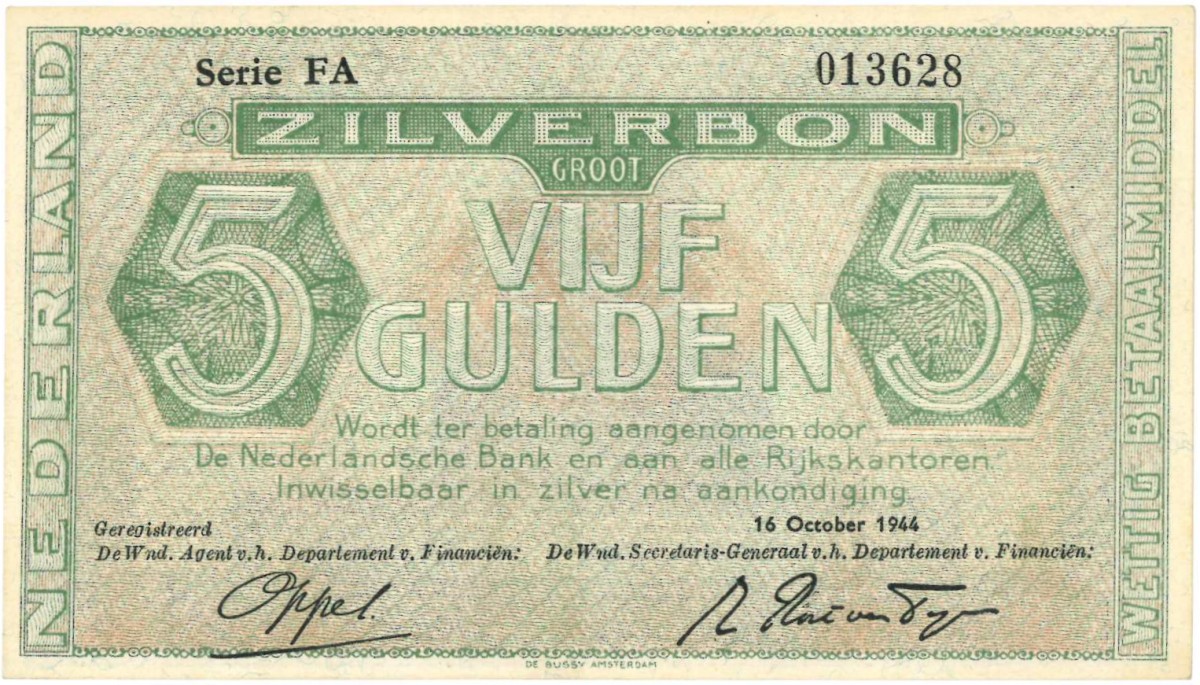 Nederland. 5 gulden. Zilverbon. Type 1944. - Prachtig.