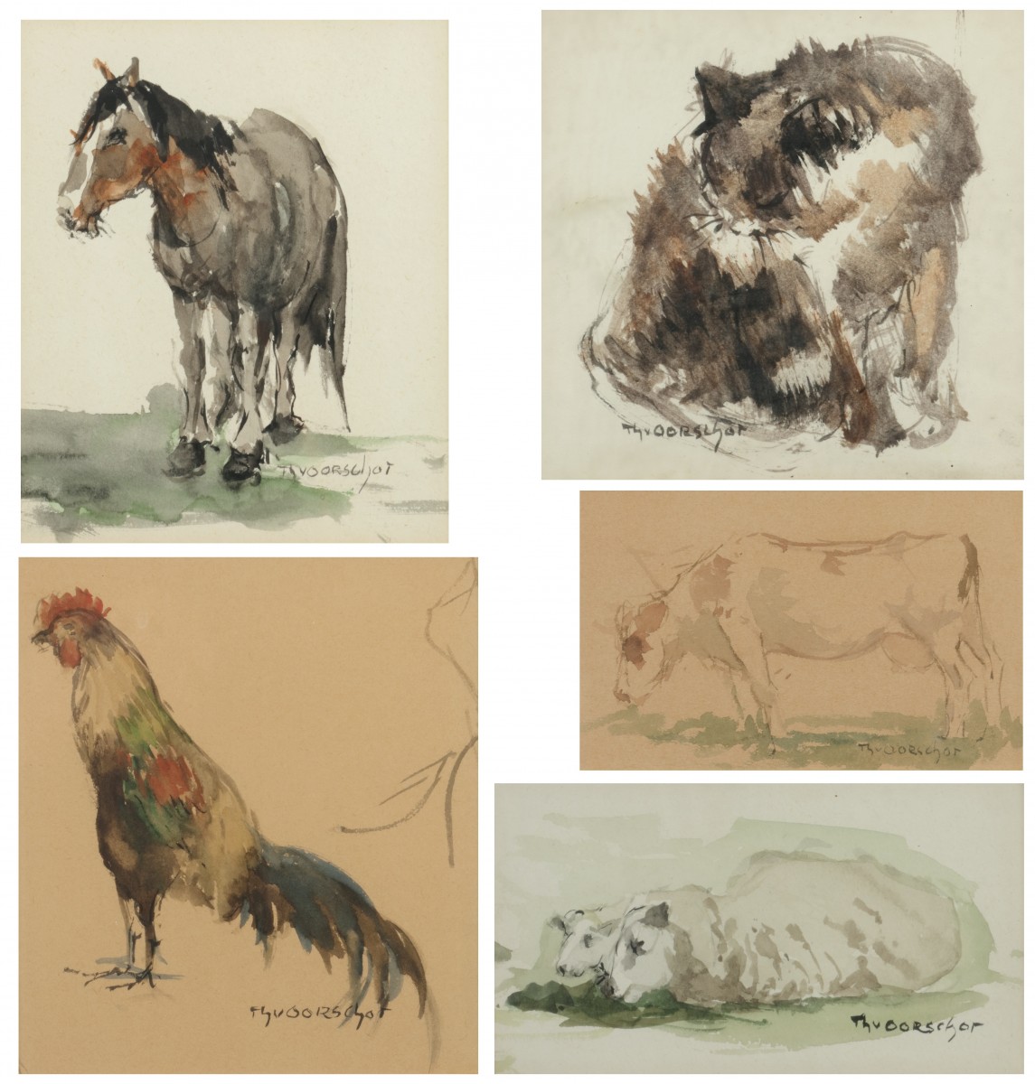 Theodorus (Dorus) van Oorschot (Schijndel, 1910 - 1989), Een convoluut van vijf schetsboekbladen met voorstellingen van dieren.