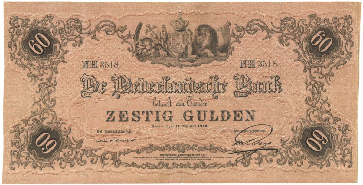 Nederland. 60 gulden. Bankbiljet. Type 1860. - Zeer Fraai +.