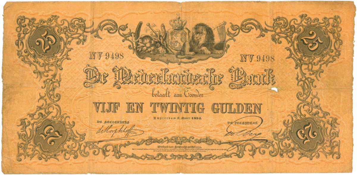 Nederland. 25 gulden. Bankbiljet. Type 1860. Type Geeltje. - Zeer Goed / Fraai.