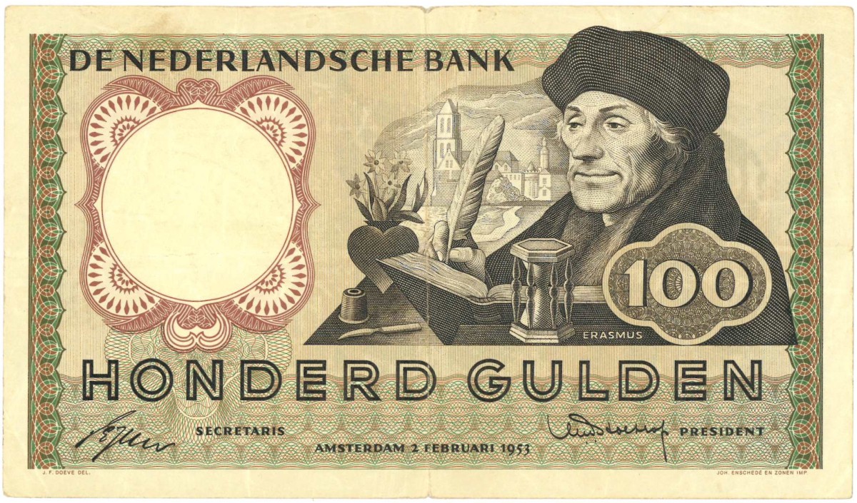 Nederland. 100 gulden. Bankbiljet. Type 1953. Type Erasmus. - Fraai.