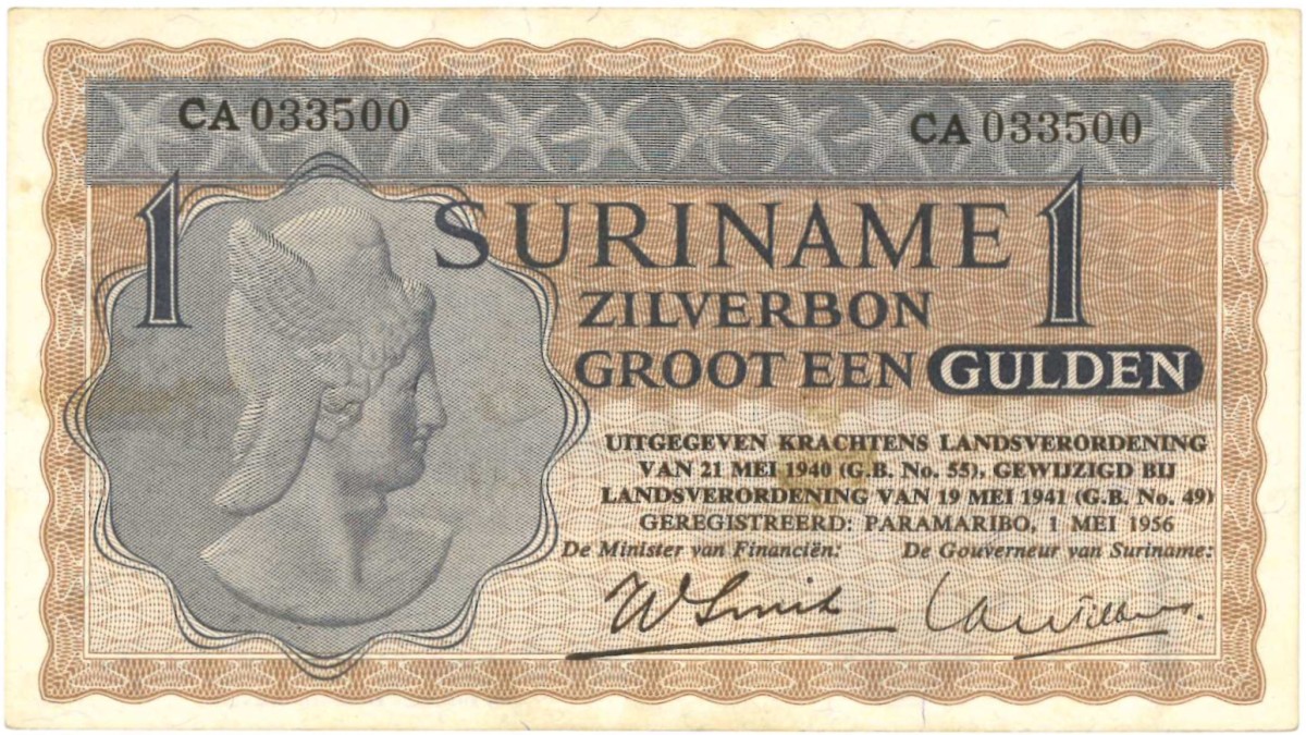 Suriname. 1 gulden. Zilverbon. Type 1950. - Extremely fine.