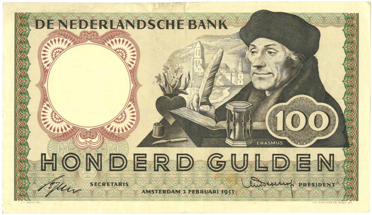 Nederland. 100 gulden. Bankbiljet. Type 1953. Type Erasmus. - Zeer Fraai.