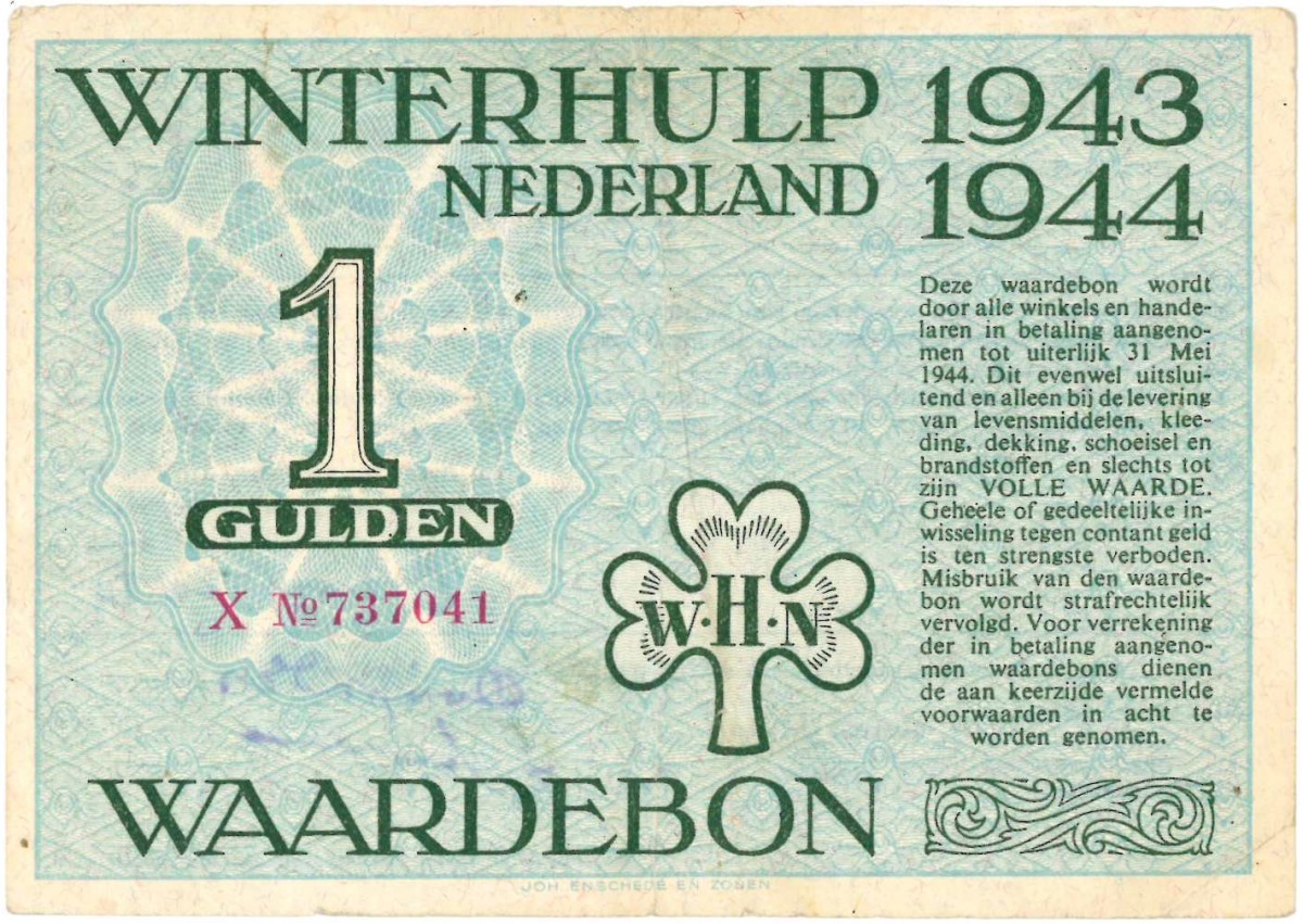 Nederland. 1 gulden. Waardebon. Type 1943-1944. - Zeer Fraai.