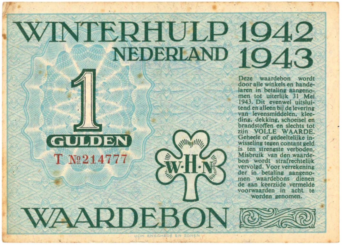 Nederland. 1 gulden. Waardebon. Type 1942-1943. - Zeer Fraai.