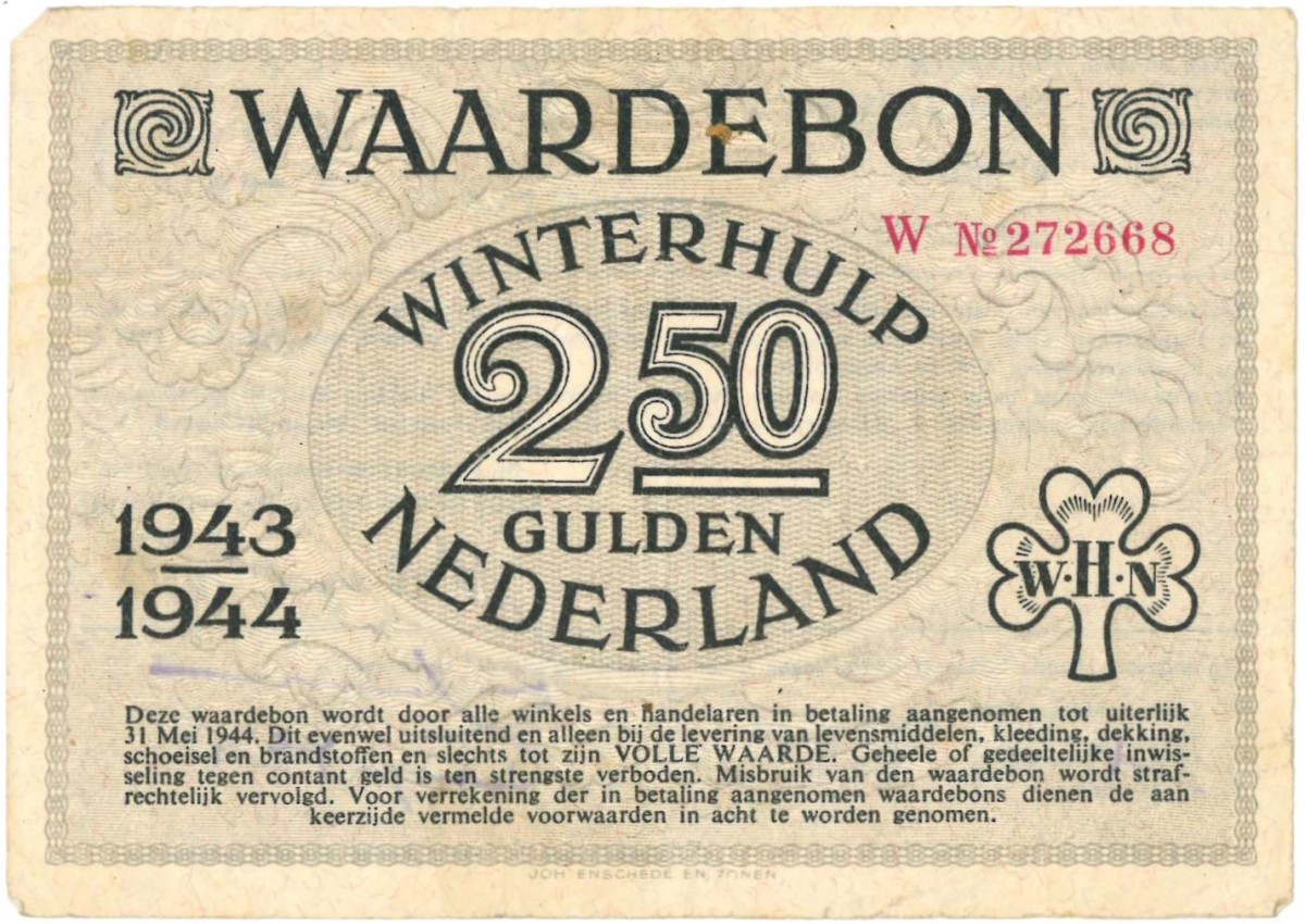 Nederland. 2½ gulden. Waardebon. Type 1943-1944. - Zeer Fraai.