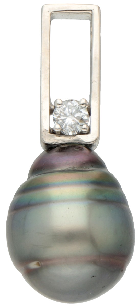 18 kt. Witgouden hanger met druppelvormige Tahiti parel en een diamant.