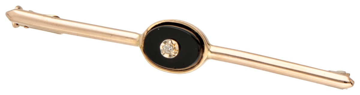 No reserve - 18K Geelgouden Franse staafbroche met diamant op onyx plaquette.