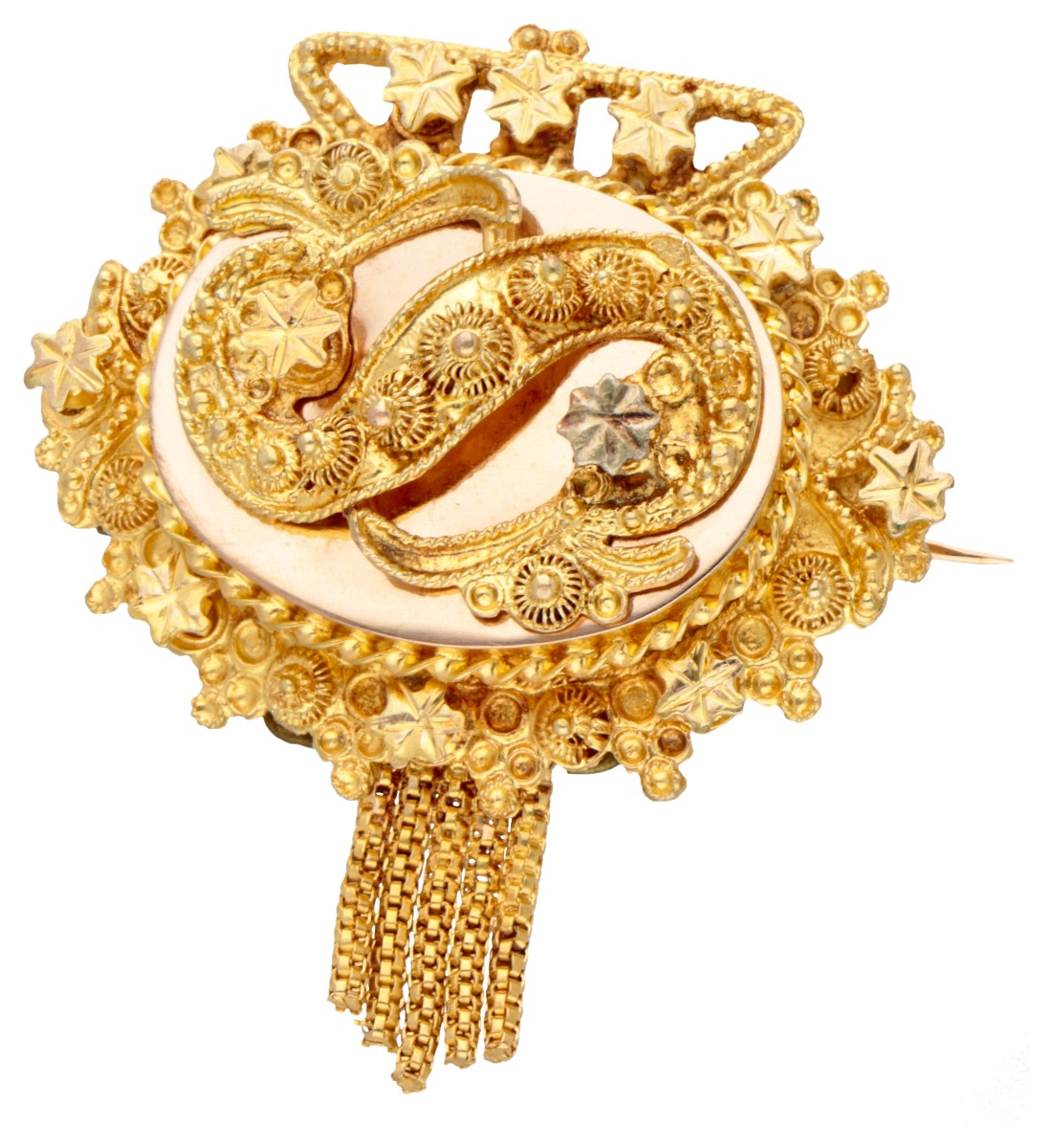 Antieke Nederlandse 14K geelgouden klederdracht cantille broche met s-vormige applique.