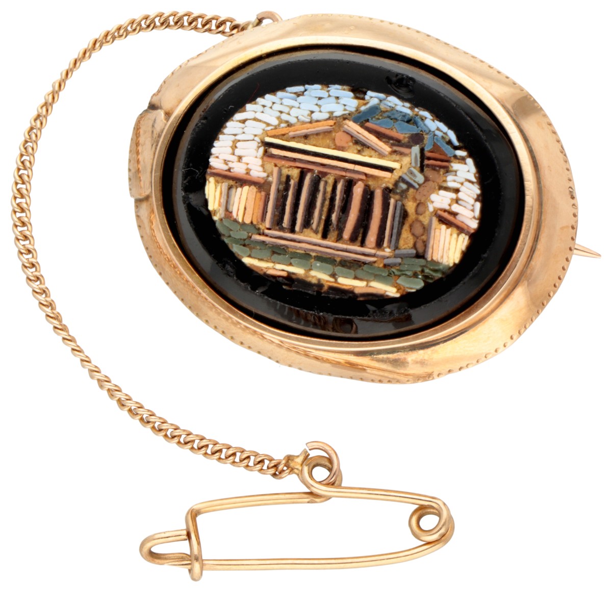 14K Geelgouden 'Grand Tour' broche met micro-mozaïek van het Pantheon in Rome ingelegd in onyx.