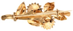 14K Geelgouden florale broche bezet met diamant en zaadparel.