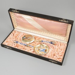 2-delige set geëmailleerde lepels (Peter Hertz, 1886) zilver, goud-verguld.