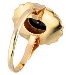 14K Geelgouden ring met onyx plaquette en gecultiveerde parel.