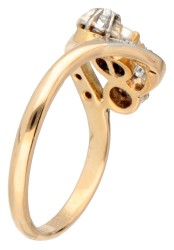 18K Bicolour gouden Art Nouveau ring met diamant en zaadparel.