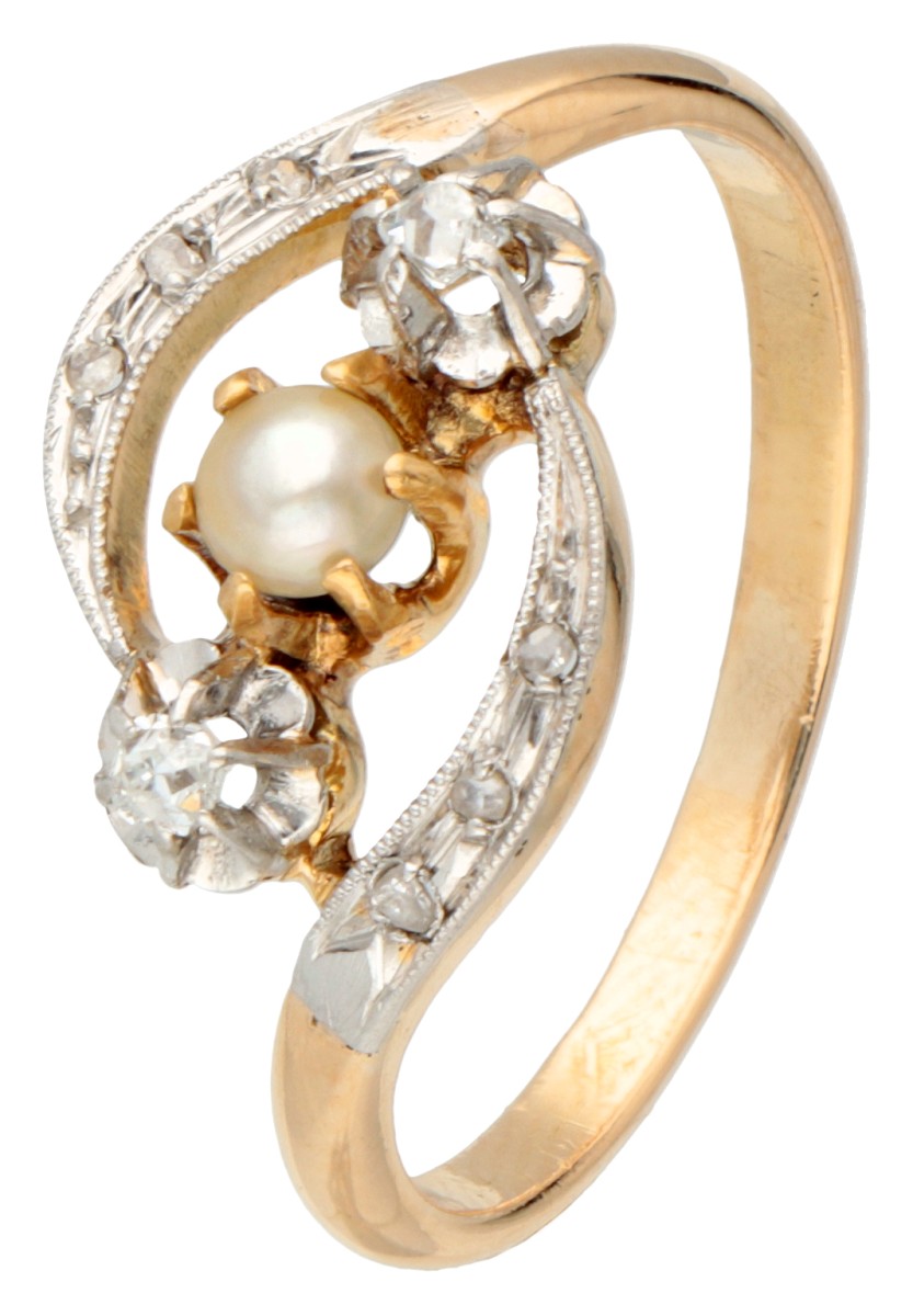 18K Bicolour gouden Art Nouveau ring met diamant en zaadparel.