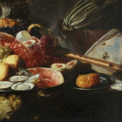 Hollandse School, 17e eeuw. Een pronkstilleven met roemer, zeevruchten en fruit