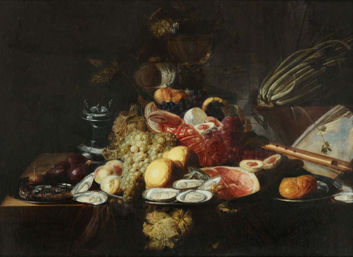 Hollandse School, 17e eeuw. Een pronkstilleven met roemer, zeevruchten en fruit