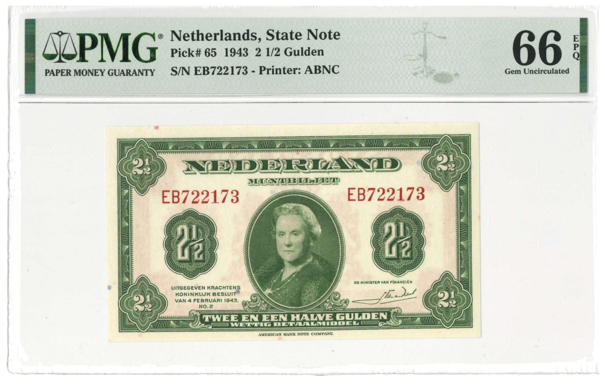 Nederland. 2½ gulden. Muntbiljet. Type 1943. Type Wilhelmina. - UNC.