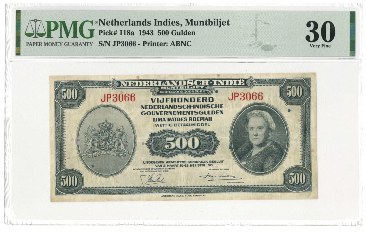 Kavel #1498 - Netherlands-Indies. 500 gulden. Currency note. Type 1943 ...