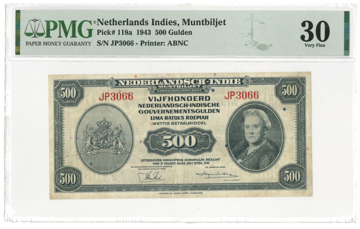 Netherlands-Indies. 500 gulden. Currency note. Type 1943. Type Wilhelmina. - Very fine.
