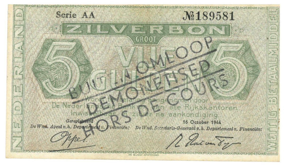 Nederland. 5 gulden. Zilverbon. Type 1944. - Zeer Fraai.