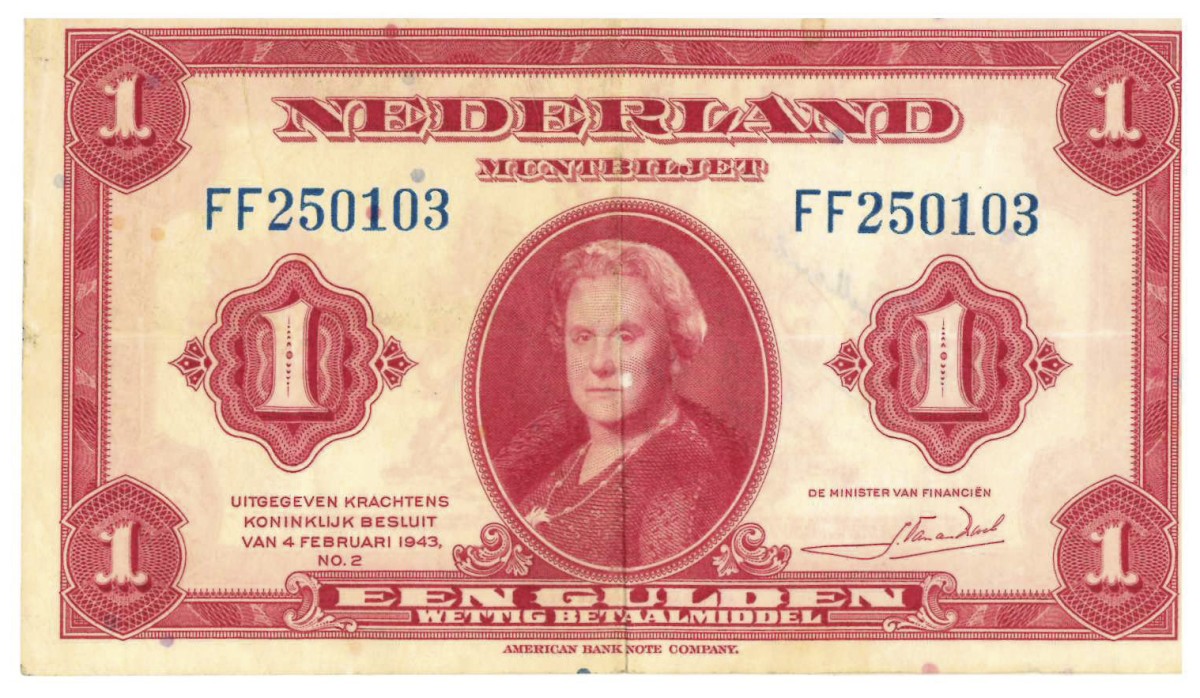 Nederland. 1 gulden. Muntbiljet. Type 1943. Type Wilhelmina. - Zeer Fraai +.