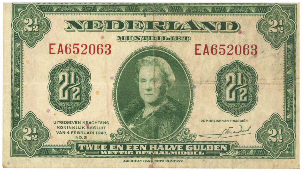 Nederland. 2½ gulden. Muntbiljet. Type 1943. Type Wilhelmina. - Fraai.