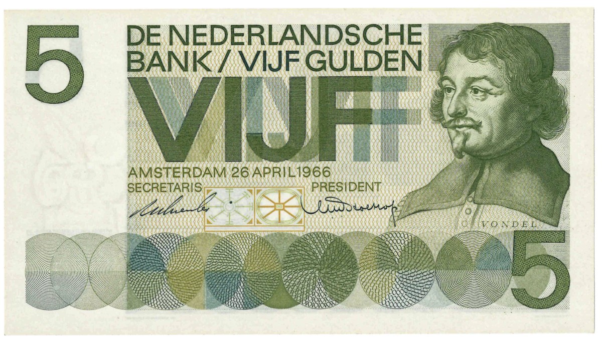 Nederland. 5 gulden. Bankbiljet. Type 1966. Type Vondel I. - Nagenoeg UNC.