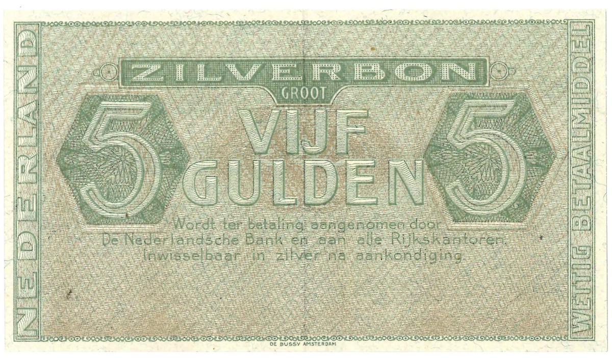 Nederland. 5 gulden. Zilverbon. Type 1944. - Prachtig.