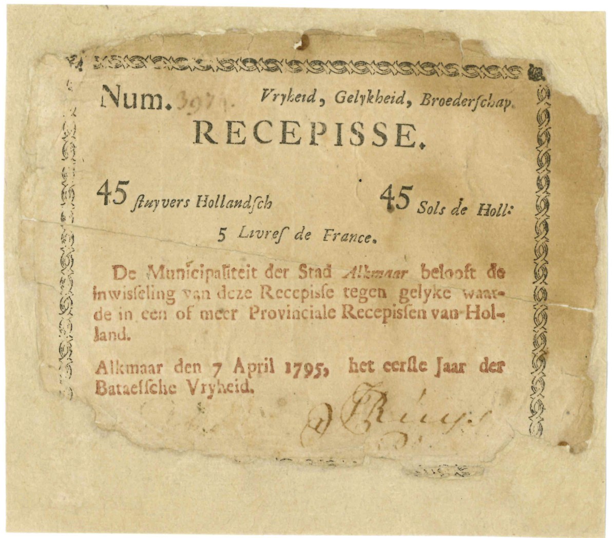 Nederland. 45 stuivers. Recepisse. Type 1795. Type Alkmaar. - Prachtig.