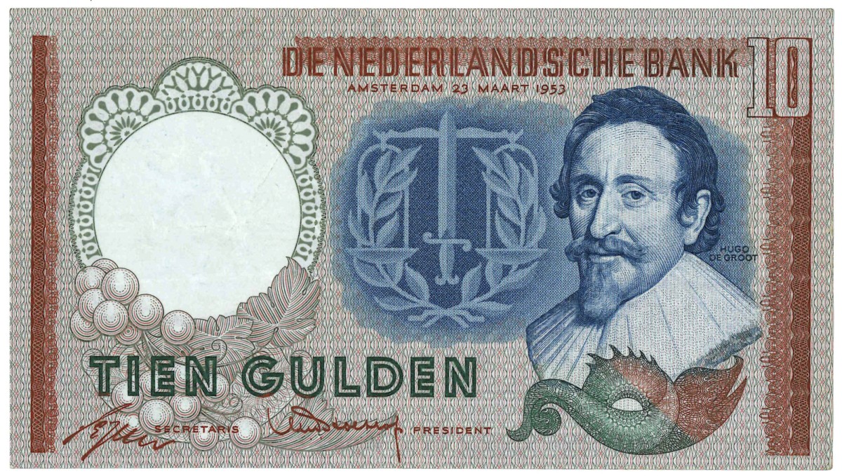 Nederland. 10 gulden. Bankbiljet. Type 1953. Type Hugo de Groot. - Zeer Fraai.