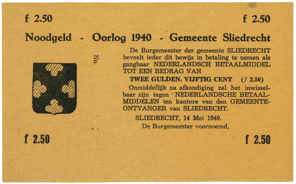 Nederland. 2½ gulden. Noodgeld. Type 1940. Type Sliedrecht. - UNC.